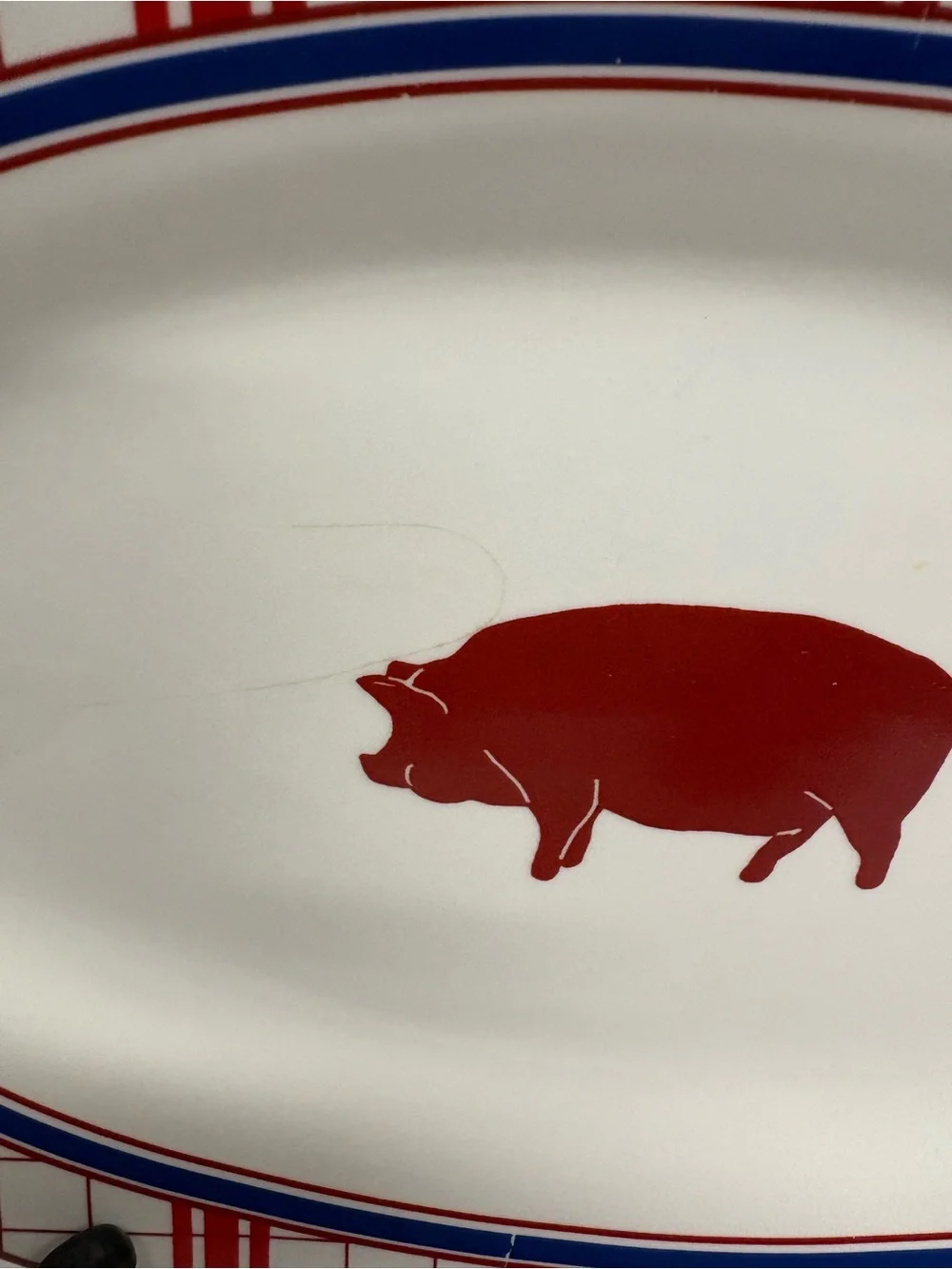 William Sonoma Country Barbecue Red Plaid Oval Serving Platter with Pig Motif